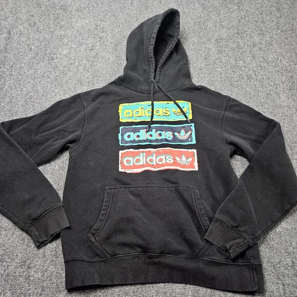 Adidas Hoodie Large Black Three Painted Logos Multicolor Red Blue Yellow - Picture 1 of 9